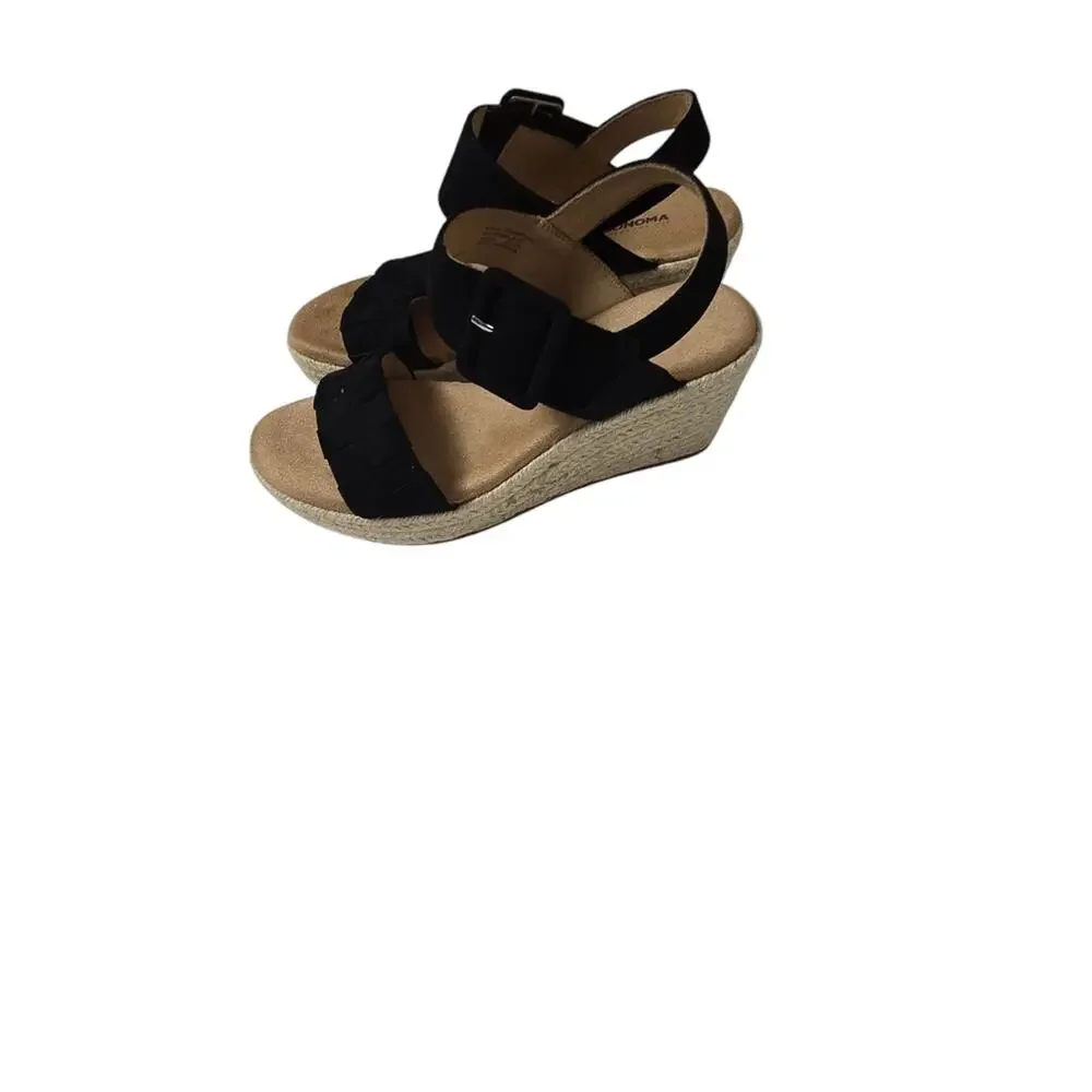 Black Suede Espadrille Wedge Sandals Size 6 Ankle Strap Memory Foam Open Toe